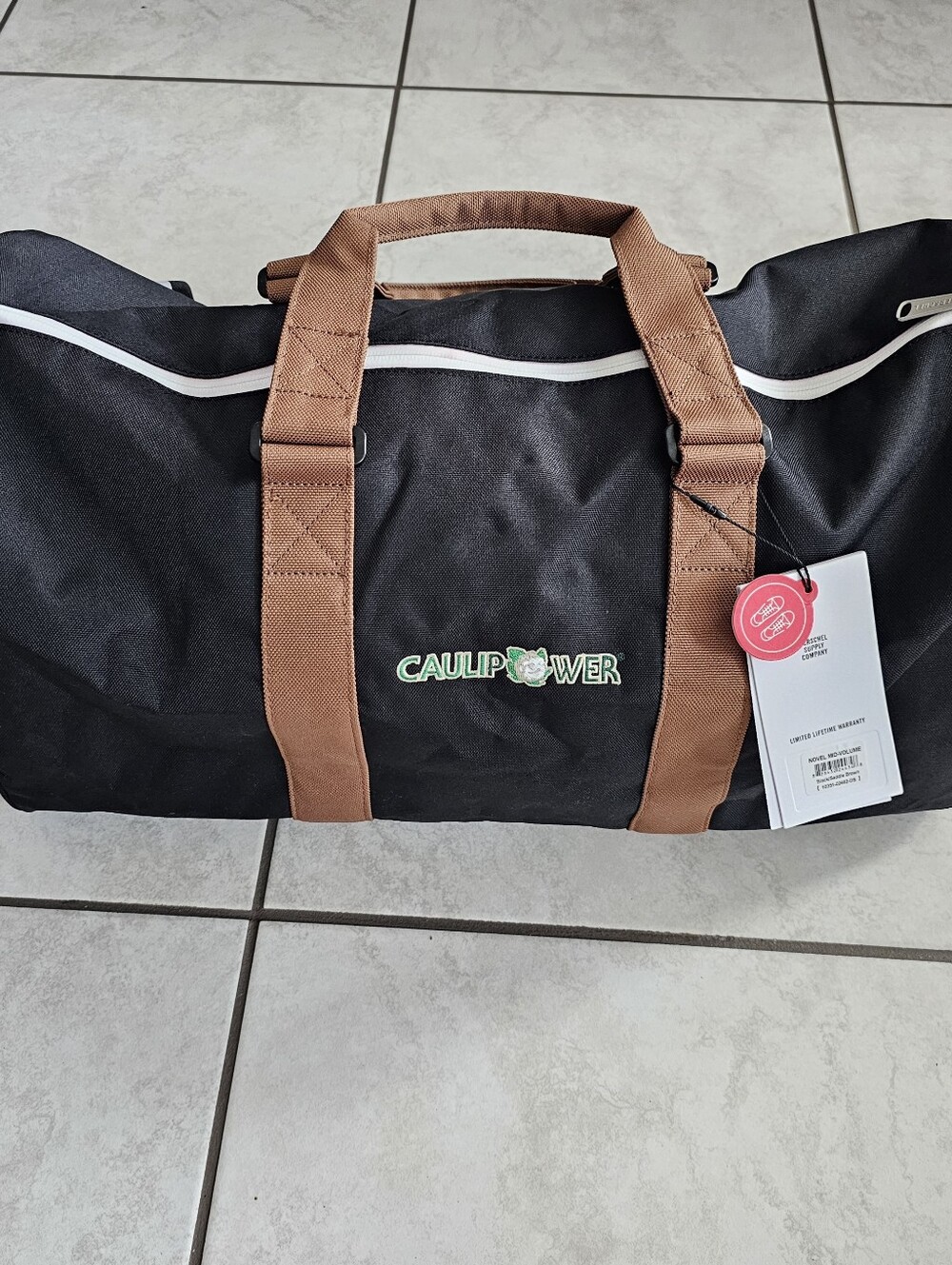 Caulipower Black Duffel Bag with Brown Handles